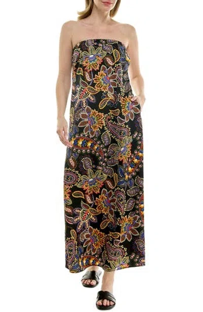 Nicole Miller Strapless Print Satin Maxi Dress In Glam Paisley Black