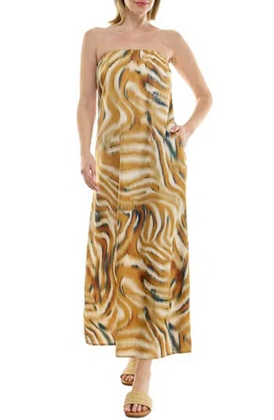 Nicole Miller Strapless Print Satin Maxi Dress In Brown