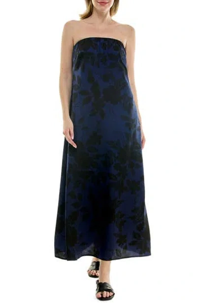 Nicole Miller Strapless Print Satin Maxi Dress In Blue