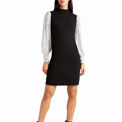 Nicole Miller Stretch Crepe Camille Dress In Very Black And Silver Sequins