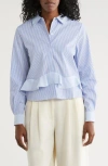 Nicole Miller Stripe Ruffle Long Sleeve Button-up Shirt In Blue