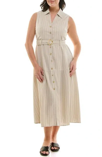 Nicole Miller Stripe Sleeveless Belted Midi Shirtdress In Silver