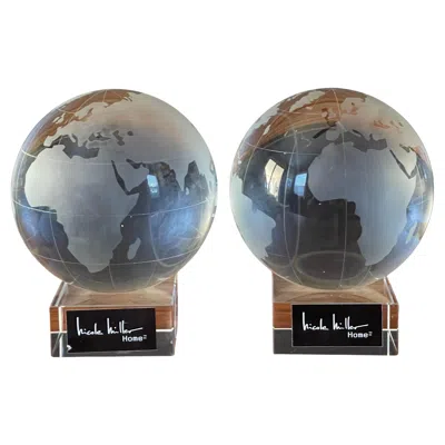 Pre-owned Nicole Miller Substantial Pair Of Etched Crystal Globe Bookends By  In Gray