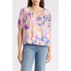 Nicole Miller Tie Front Puff Sleeve Tunic Top In Multi