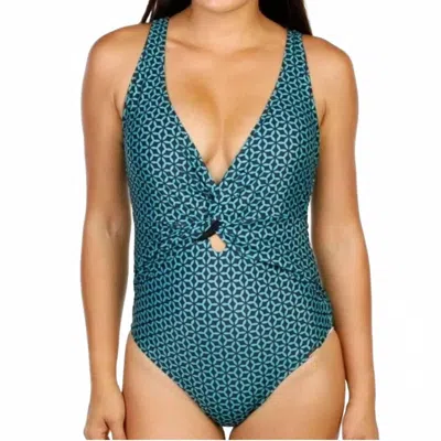 Nicole Miller Twist Front Plunge One Piece In Teal/black In Blue
