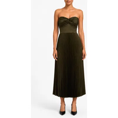 Nicole Miller Twist Sweetheart Satin Pleated Midi Dress In Green