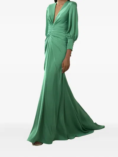 Nicole Miller V-neck Gathered Dress In Green
