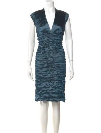 Pre-owned Nicole Miller V-neck Knee-length Dress In Blue
