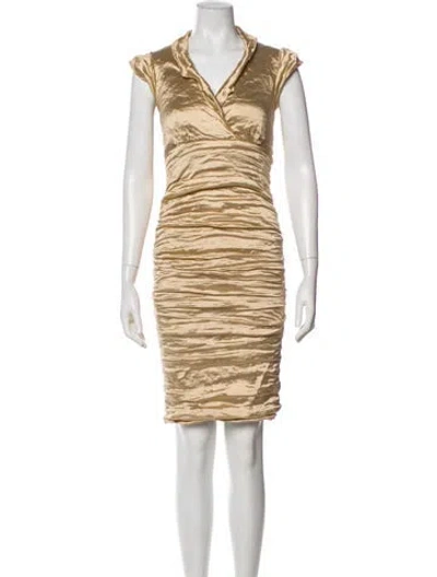 Pre-owned Nicole Miller V-neck Knee-length Dress In Gold