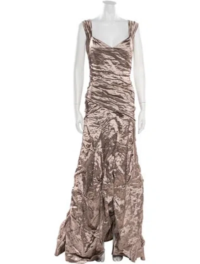 Pre-owned Nicole Miller V-neck Long Dress In Brown