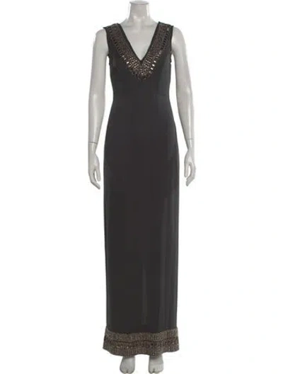 Pre-owned Nicole Miller V-neck Long Dress In Gray