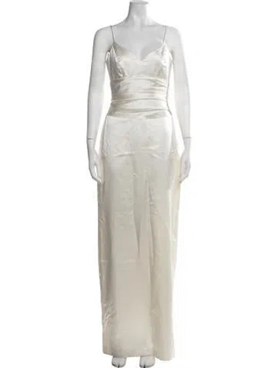 Pre-owned Nicole Miller V-neck Long Dress In Neutrals