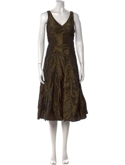 Pre-owned Nicole Miller V-neck Midi Length Dress In Green/metallic