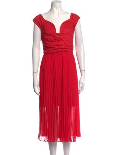Pre-owned Nicole Miller V-neck Midi Length Dress In Red