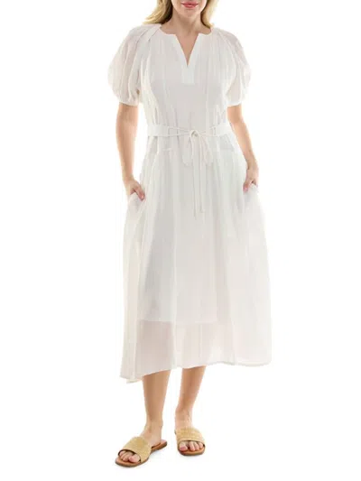 Nicole Miller Women's Crinkle Cotton Puff-sleeve Midi Dress In Brilliant White