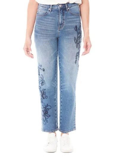 Nicole Miller Women's Embroidered High Rise Slim Straight Jeans In Medium Blue
