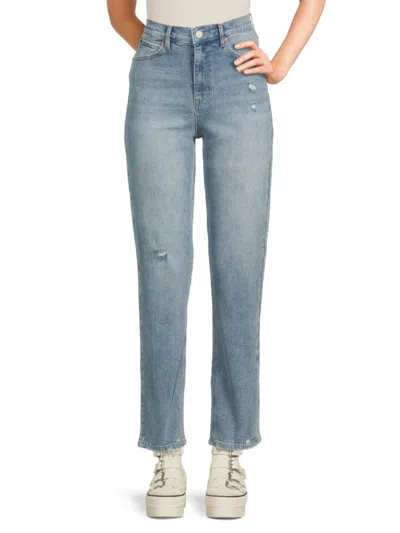 Nicole Miller Babies' Women's High Rise Faded Slim Straight Jeans In Blue