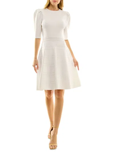 Nicole Miller Women's Puff Sleeve A Line Dress In White