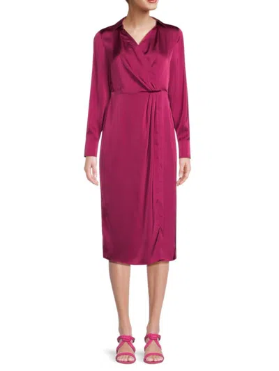 Nicole Miller Women's Solid Faux Wrap Satin Dress In Sangria Pink