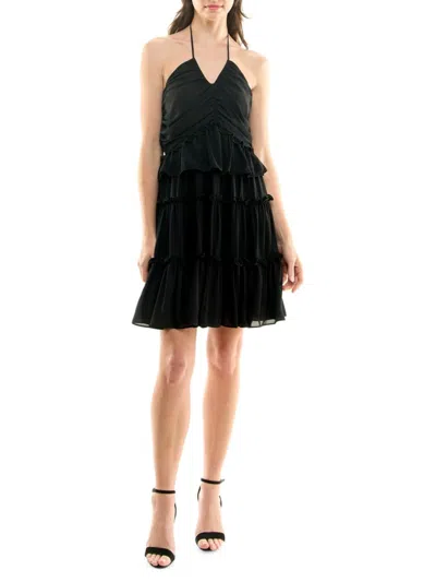 Nicole Miller Women's Tiered Mini Halter Dress In Very Black