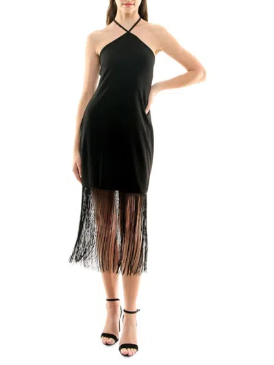 Nicole Miller Sylvie Stretch Crepe Fringed Sheath Dress In Very Black