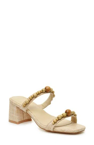 Nicole Miller Wooden Bead Slide Sandal In Beige Raffia