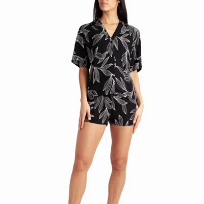 Nicole Miller Woven Shirt And Short Two-piece Sleepwear Set In Black Leaf