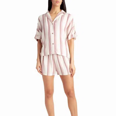 Nicole Miller Woven Shirt And Short Two-piece Sleepwear Set In Dune Textured Block Stripe In Pink