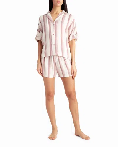 Nicole Miller Woven Shirt And Short Two-piece Sleepwear Set In Dune Textured Block Stripe In Neutral