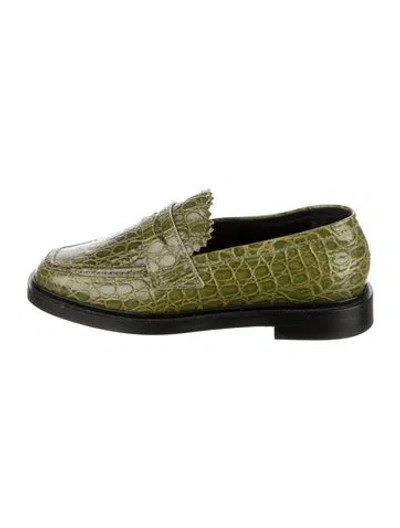 Pre-owned Nicole Saldaña Embossed Leather Scalloped Accent Loafers In Green
