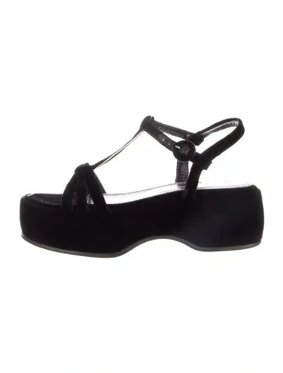 Pre-owned Nicole Saldaña Velvet T-strap Sandals In Black