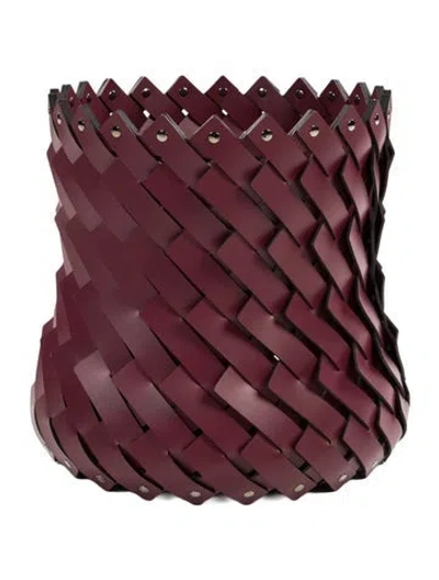 Pre-owned Nicole Sassaman Woven Leather Basket W/ Handles In Burgundy