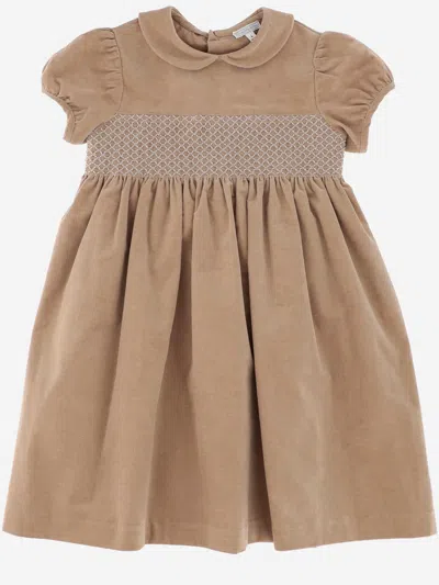 Nicoletta Fanna Kids' Stretch Cotton Dress With Smocking In Sand