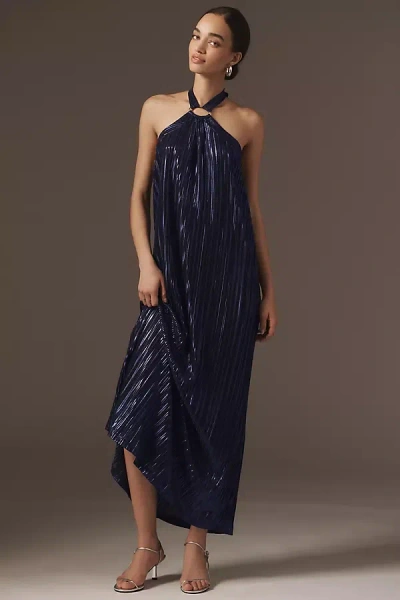 Nightcap Metallic Pleated Halter Gown In Blue