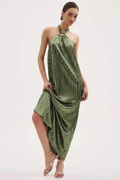 Nightcap Metallic Pleated Halter Gown In Green