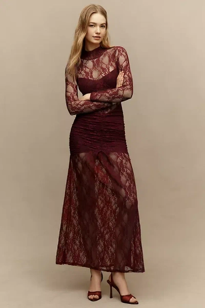 Nightcap Mock-neck Drop-waist Lace Maxi Dress In Burgundy