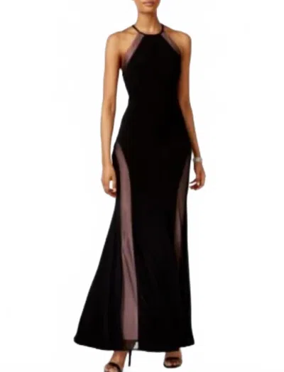 Nightway Open Back Illusion Halter Gown In Black / Nude