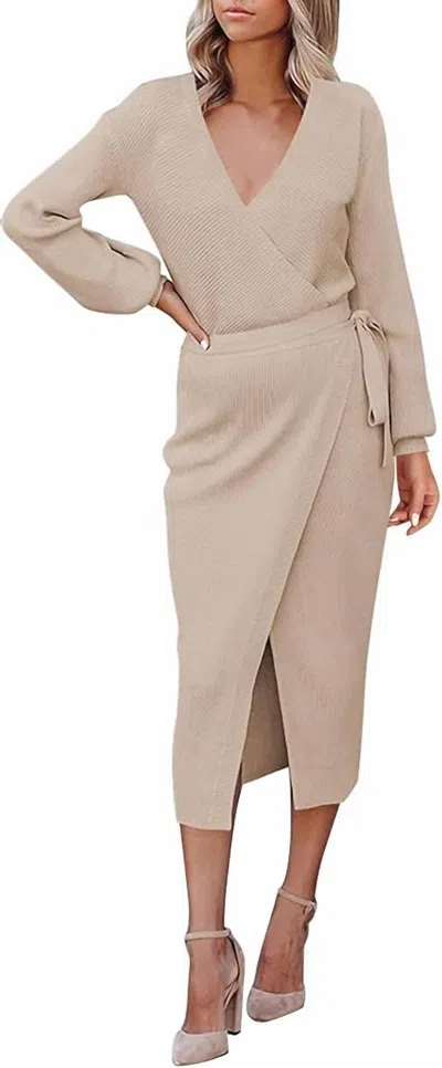 Nihao Jewelry V Neck Belted Long Sleeve Knit Dress In Khaki In Green