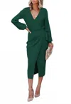 Nihao Jewelry Women's V Neck Belted Knit Dress In Green In Green