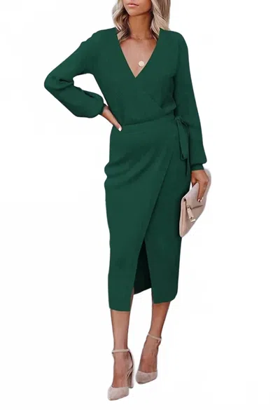 Nihao Jewelry Women's V Neck Belted Knit Dress In Green