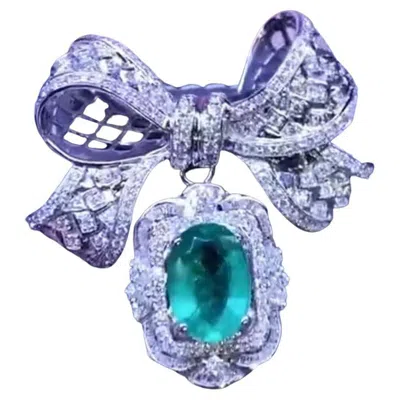 Pre-owned Nika Fine Jewels Art Decô Design Brooch Zambian Emerald & Diamonds In Green