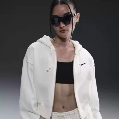 Nike Phoenix Fleece Cropped Full Zip Hoodie In White