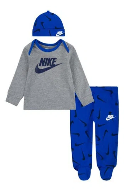 Nike 3-piece Swoosh Long Sleeve Top, Footed Pants & Cap Set In Game Royal