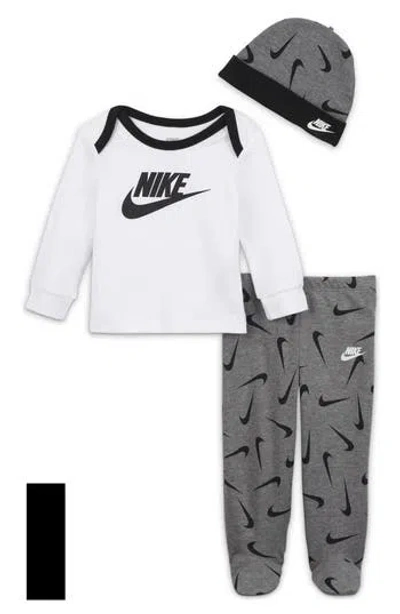 Nike Babies'  3-piece Swoosh Long Sleeve Top, Footed Pants & Cap Set In Stealth