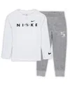 Nike 3brand By Russell Wilson Preschool 2-piece White/gray Wordmark 2. 0 Fleece Long Sleeve T-shirt And Sweatpants Set In White,gray