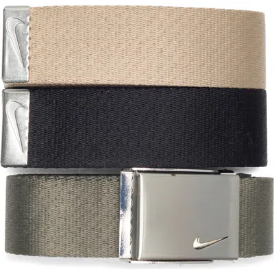 Nike 3-pack Webbed Belts In Black/ Olive/ Khaki
