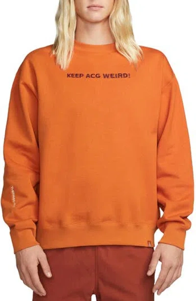 Nike Acg Therma-fit Crewneck Fleece Sweatshirt In Campfire Orange/summit White