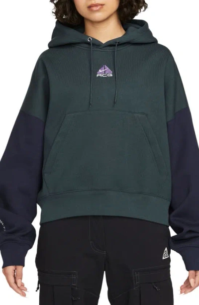 Nike Acg Therma-fit Tuff Fleece Hoodie In Deep Jungle/ Purple Ink/ White