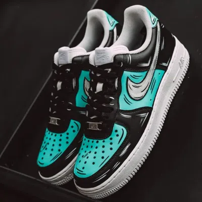 Pre-owned Nike Air Force 1 Custom 'black Teal Graffiti Cartoon' White Shoes Mens Womens