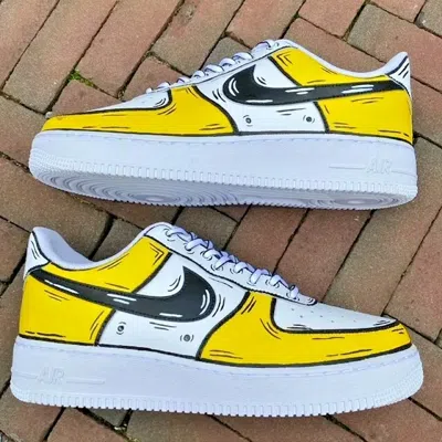 Pre-owned Nike Air Force 1 Custom Low Cartoon Yellow Shoes White Black Outline Mens Womens